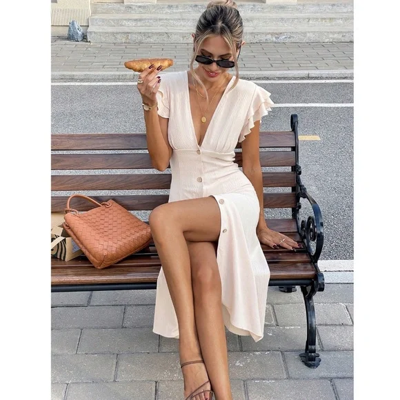 Beige Midi Dress V-Neck Ruffle Sleeve Button Through - Picture 3 of 9